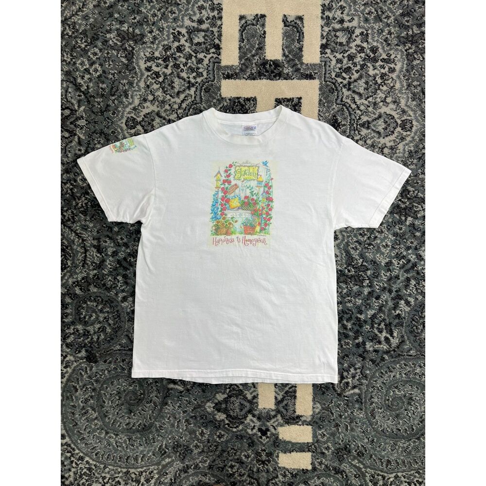 Vintage 90s Men Hanes Garden Happiness is Homegrown T-shirt Size L white
